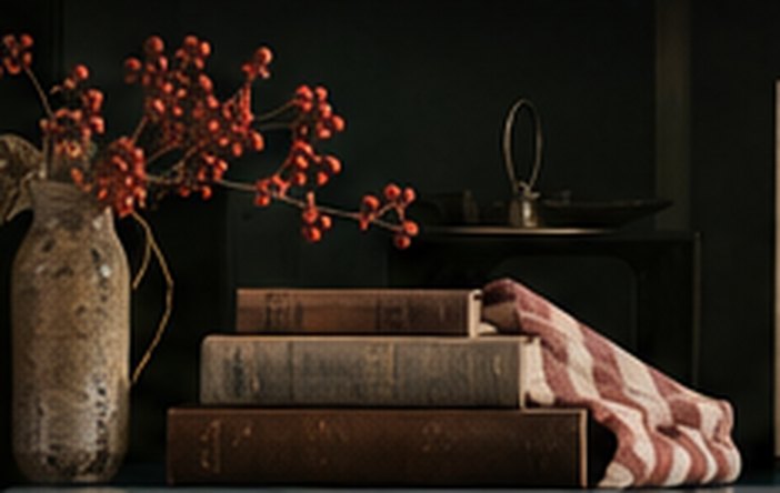 A still life from the studio cabinet: vase with berries, stacked books, striped cloth and a shell on a dark shelf