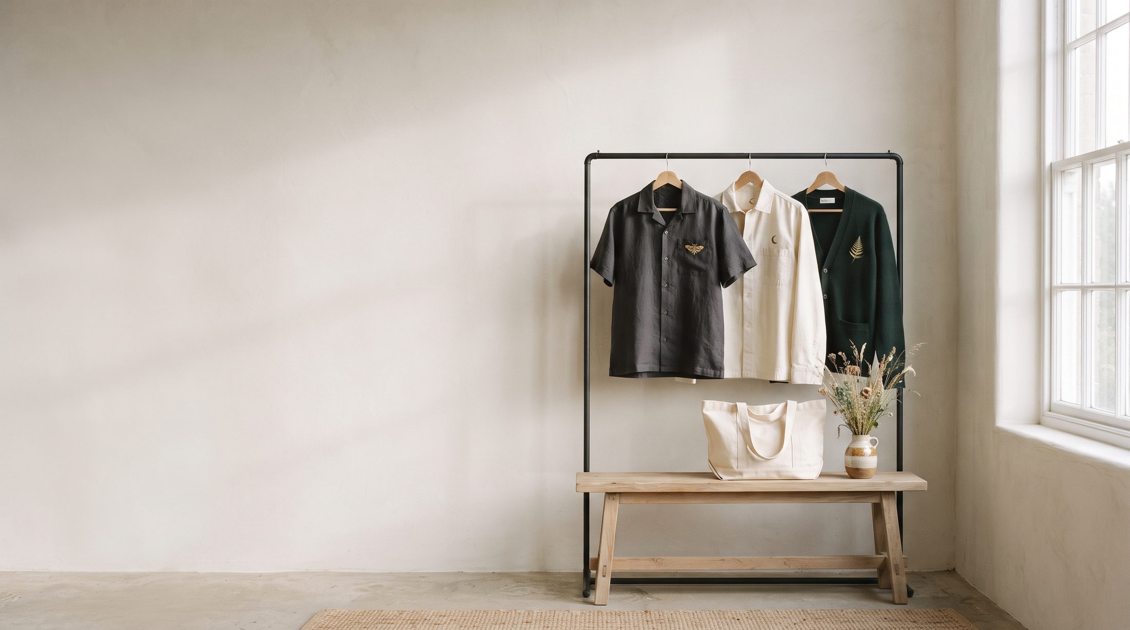 A bright studio rail holding a charcoal linen camp shirt with a gold embroidered moth, a cream overshirt and a bottle-green cardigan, with a canvas tote and dried botanicals on an oak bench