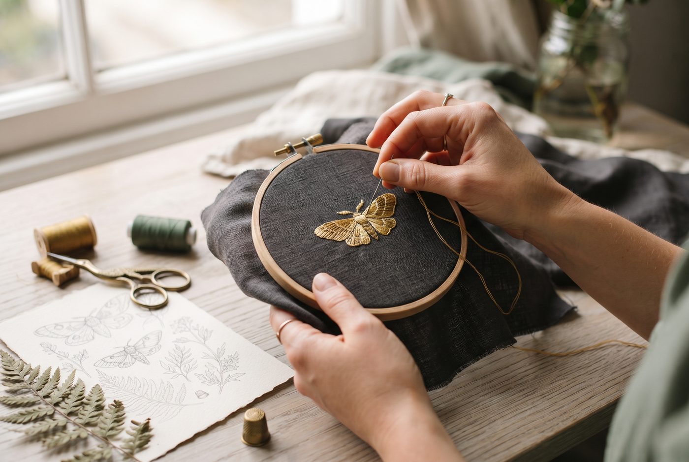 Hands stitching a gold moth onto charcoal linen in a wooden embroidery hoop, with thread spools, scissors and a fern sketch